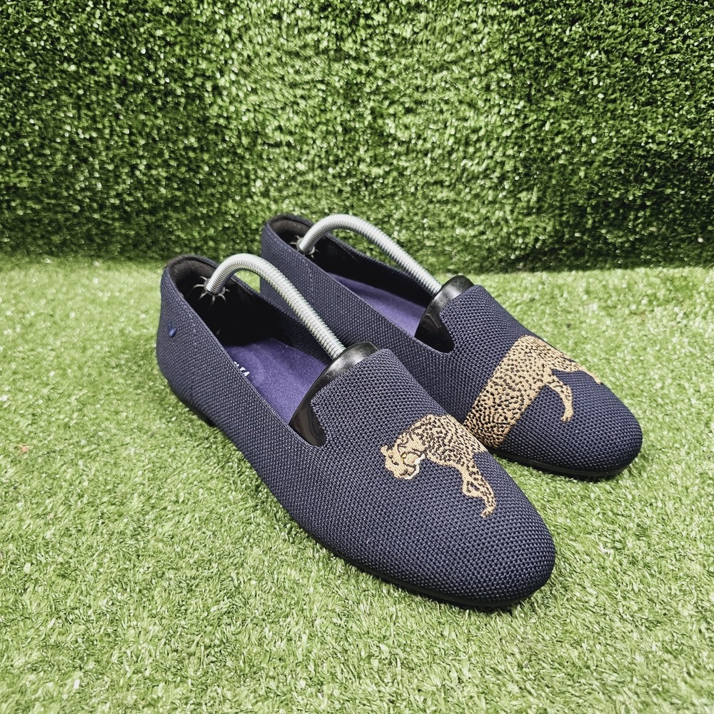 VIVAIA Audrey Navy Blue‎ Knit Cheetah Embroidered Loafers Flats EU 38.5 US 7.5